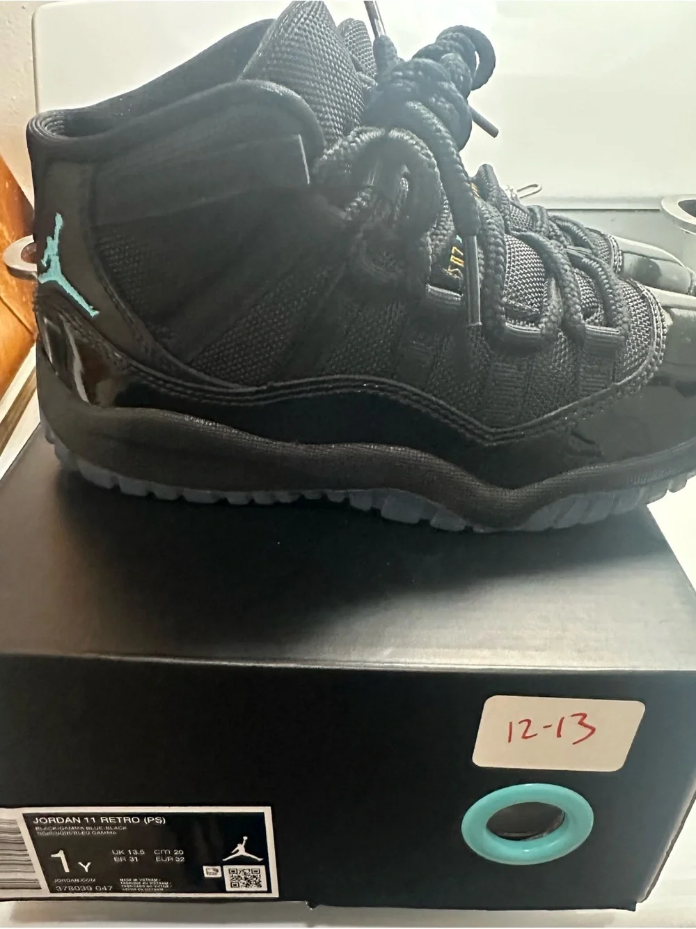 Jordan Kids Black Patent Leather Sneakers with Blue Accent